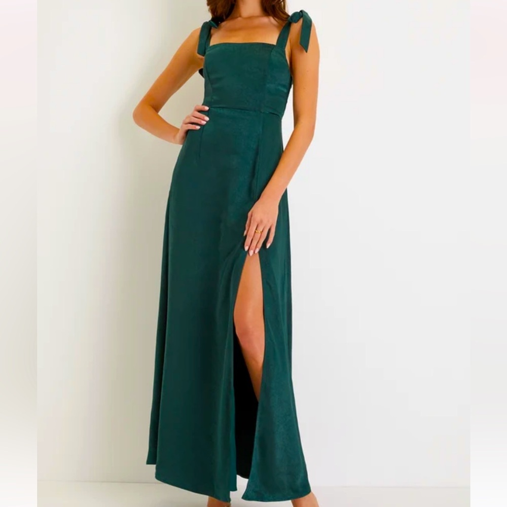 NWT Lulus Made to Be Adored Hunter Green Satin Tie-Strap Maxi Dress